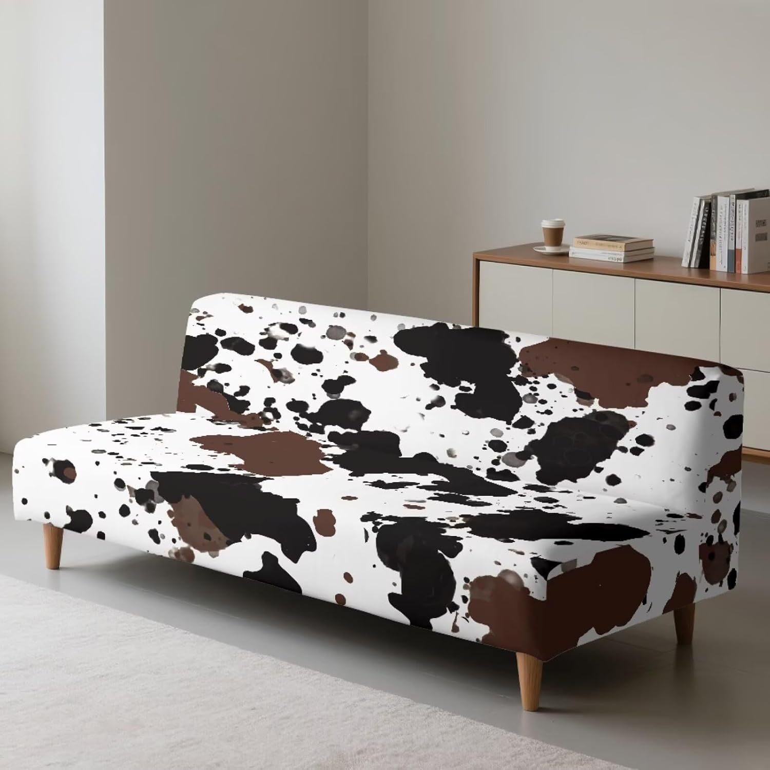 Black Brown Cow Print Futon Cover Stretch Armless Sofa Cover Stretchable Couch Covers Elastic Bottom Washable Home Decor Furniture Slip Covers