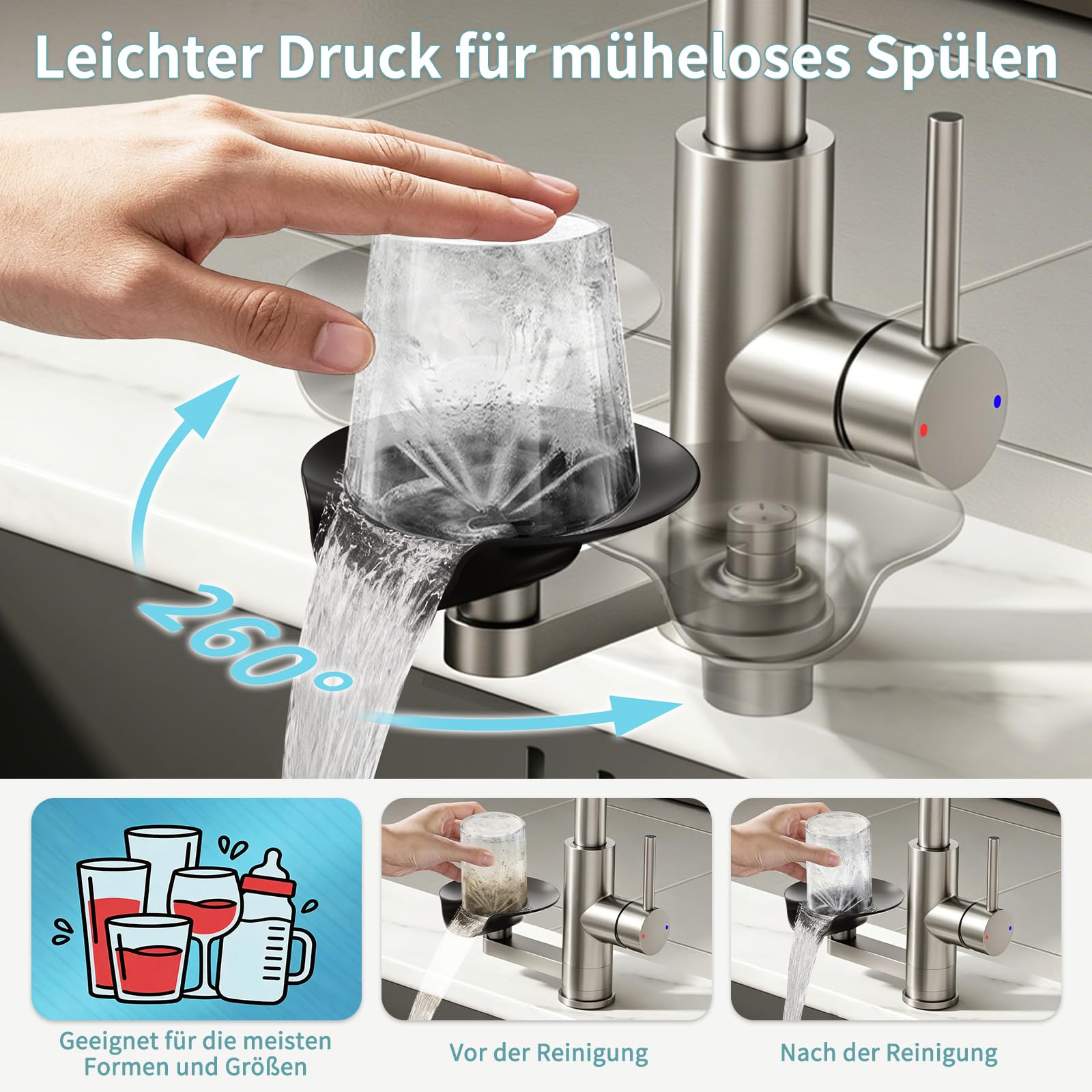 360° drehbarer Wasserhahn Küche ausziehbar mit Brause, wasserfall Mischbatterie Küche mit Gläserspüler, 4 Modi Spültischarmatur mit Glasspüler (Gebürstetes Nickel, Standardausführung)