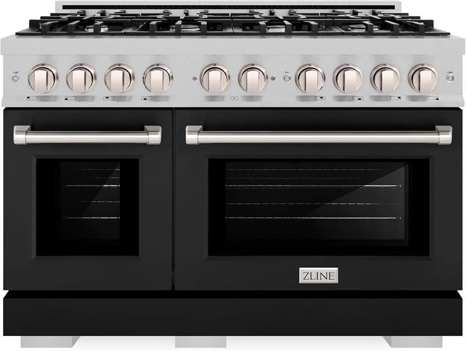 ZLINE 48 in. 6.7 cu. ft. Select Double Oven Gas Range with 8 Burner Cooktop in Satin Stainless Steel with Black Matte Doors (HGRS-BLM-48)