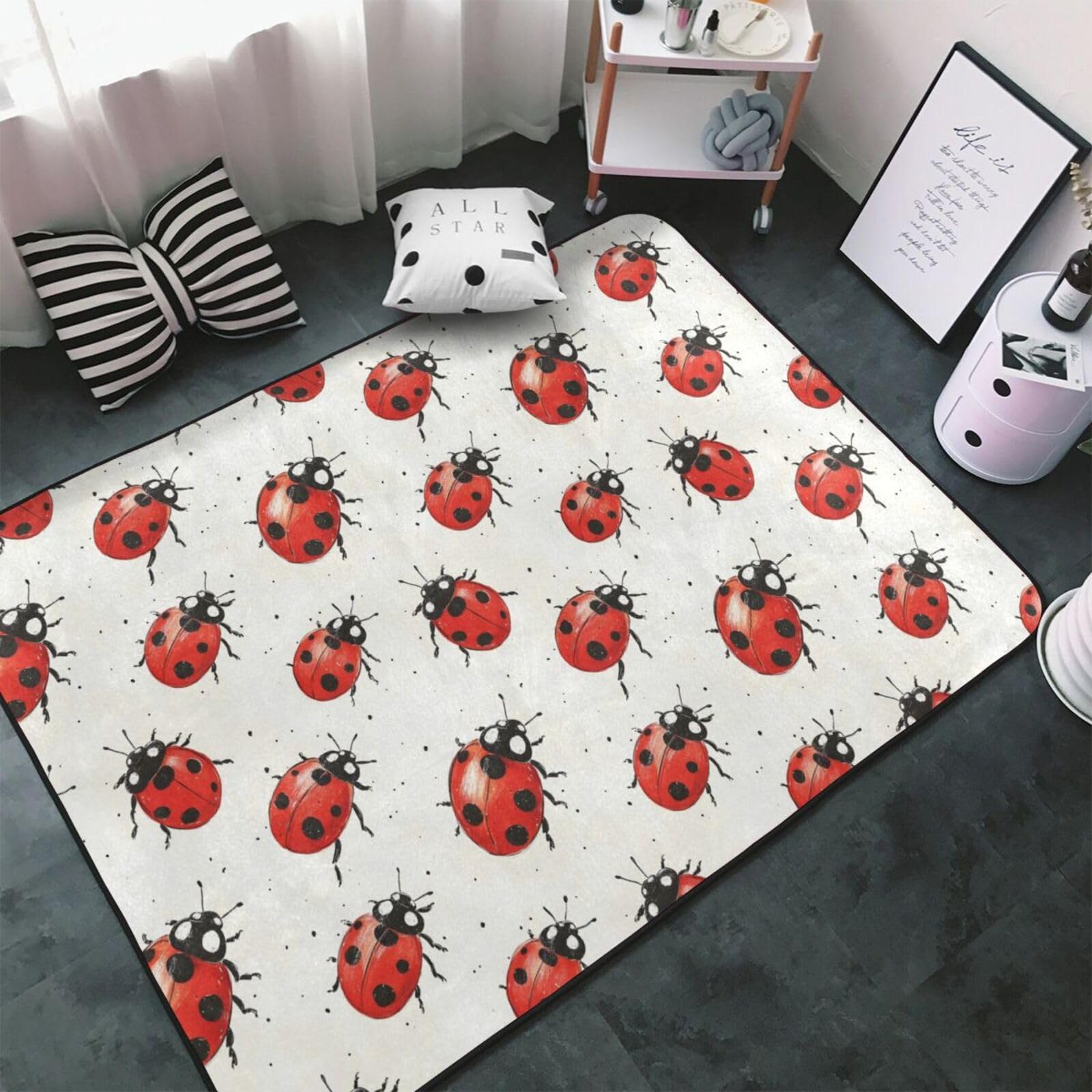 Tapis de salon coccinelle rouge 152x99 cm antidérapant et lavable