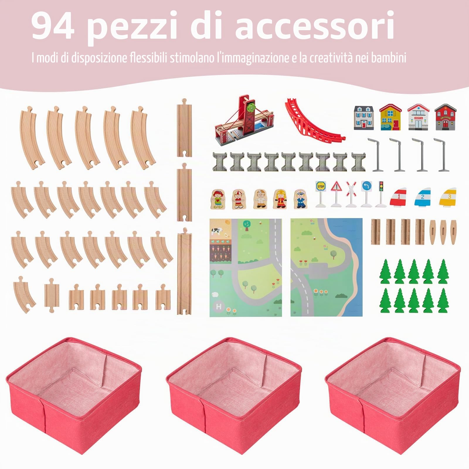 LIFEZEAL Set di ferrovia in legno per bambini, tavolo da gioco con scatola portaoggetti, tavolo da attività multifunzione con veicoli, binari e accessori, tavolo da costruzione per ragazzi e ragazze