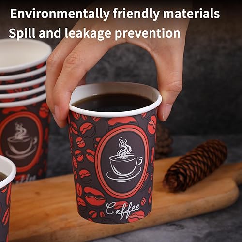 Miniatura 5 de Tazas de café de papel desechables con tapas, perfectas para té y bebidas calientes, paquete de 100 (8 onzas, diseño de grano de café)
