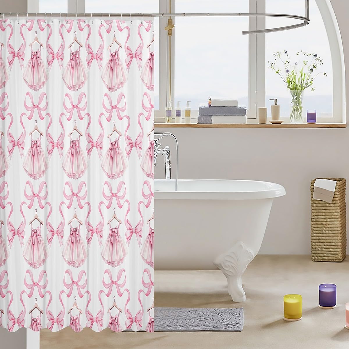 Manfei Princess Dress Shower Curtains,Ballet Dance Theme Dreamy Fairy Tale Bath Curtain,Watercolor Pink Bowknot Ribbon Stripes Cloth Fabric Bathroom Decor Set with Hooks,78" Long