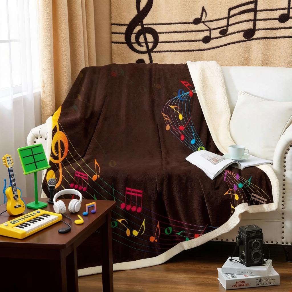 Loussiesd Musical Note Pattern Fleece Blanket for Chair Sofa Couch Classic Music Themed Sherpa Blanket Colorful Staff Decor Fuzzy Blanket Music Geometric Stripe Plush Throw Blanket Single 50"x60" — image 1