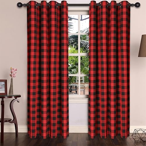 Cortinas de cuadrícula de búfalo rojonegro, 2 piezas, paneles de decoración de ventanas de Navidad y Año Nuevo, cortinas semiopacas de privacidad,
