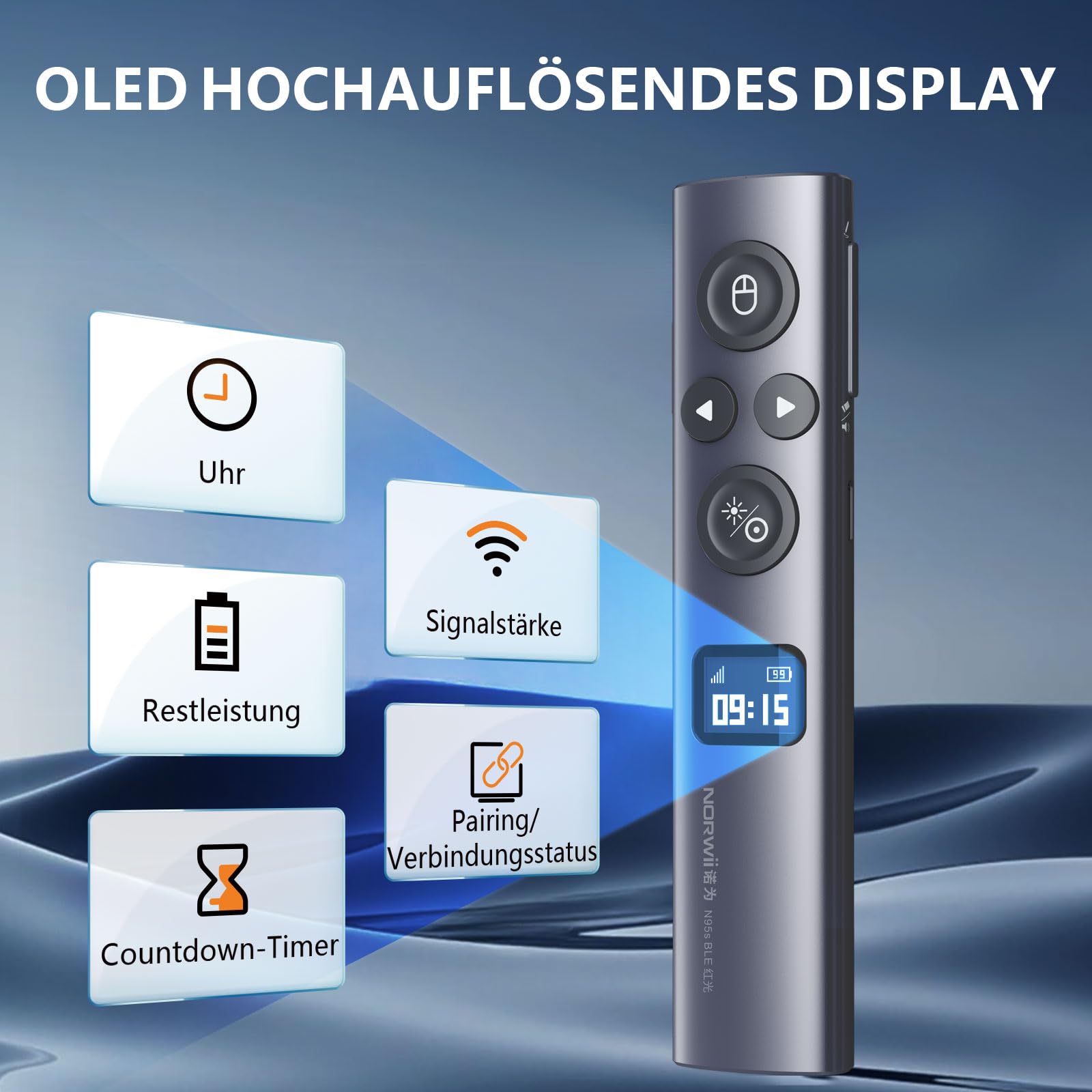 Norwii N95s BLE Präsentations-Fernbedienung mit digitalem Zeiger für PowerPoint-Präsentationen auf TV/Projektionsflächen, drahtlose Presenter-Fernbedienung mit Countdown-Timer (Grün - USB-AC)