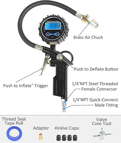 Miniatura 2 de RACOONA Medidor digital de presión de neumáticos con inflador, medidor de presión de neumáticos para automóviles, uso automotriz 250PSI portabrocas