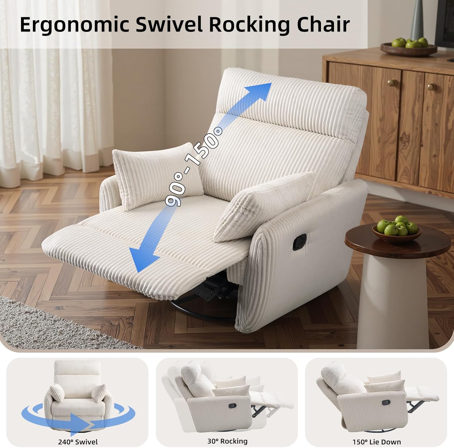 Swivel Recliner Chair for Adults, Corduroy Nursery Glider Rocking Chair, Armchair with 2 Pillows, Comfy High Back Reclining for Small Spaces, Nursery Bedroom Living Room (Corduroy Beige, 1 Pack)