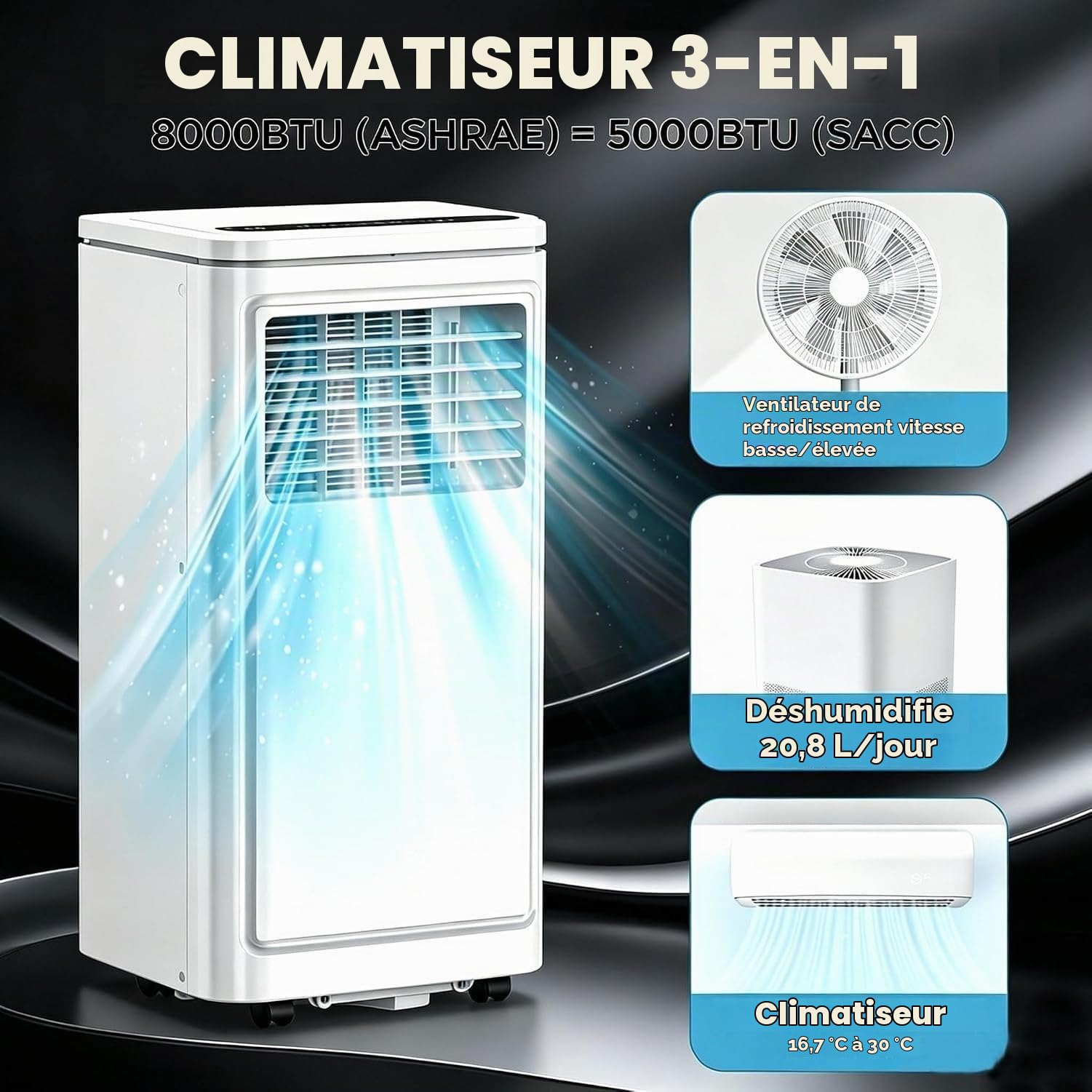Climatiseur Mobile 12000 BTU, Pompe à Chaleur Réversible, Silencieux