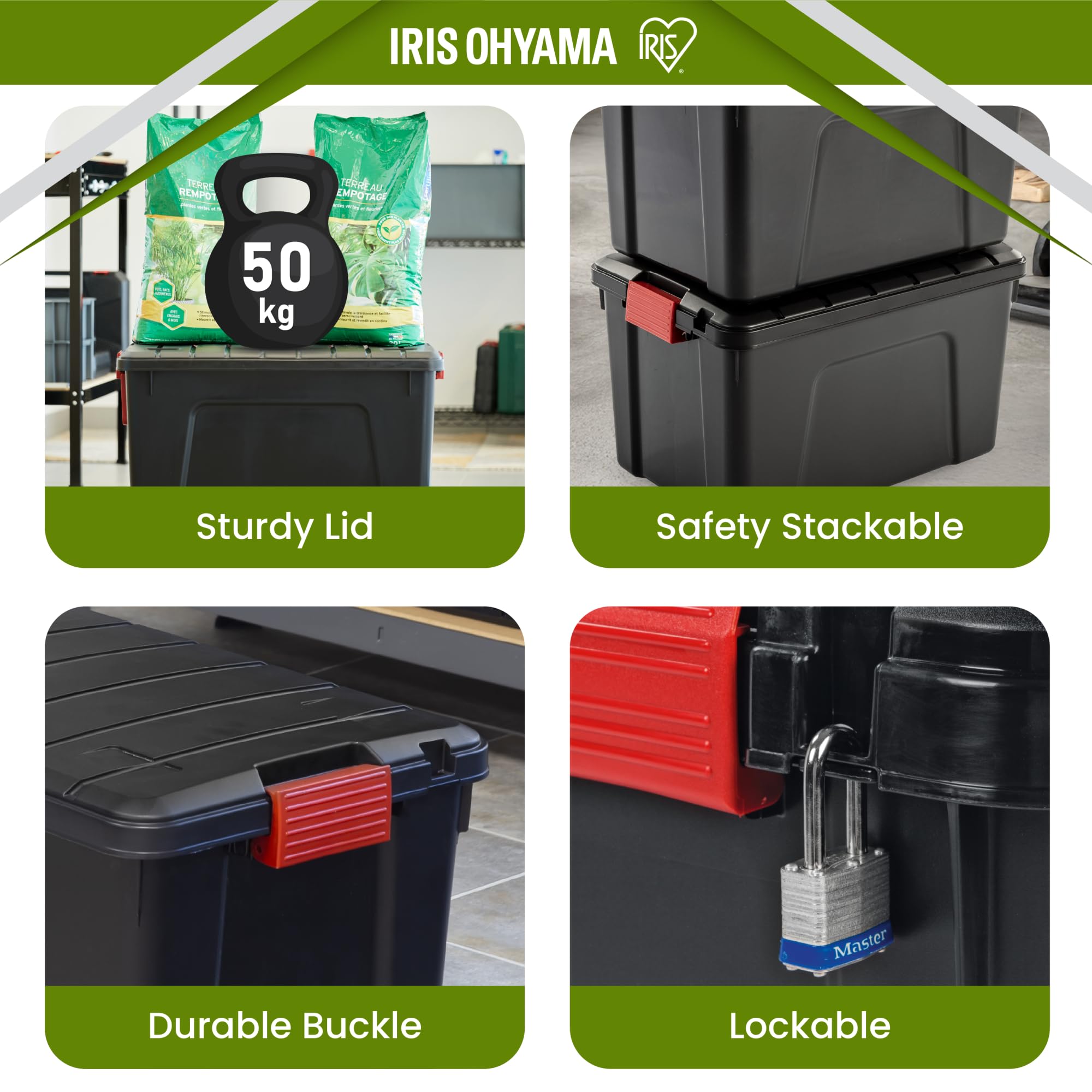 Iris Ohyama, große Kunststoff-Aufbewahrungsbox, 60 l Garagen-Aufbewahrungsbox, 3er-Set, SIA-60, schwarz, stapelbar, Verschlussklammern ? B59 x T39,5 x H35,5 cm