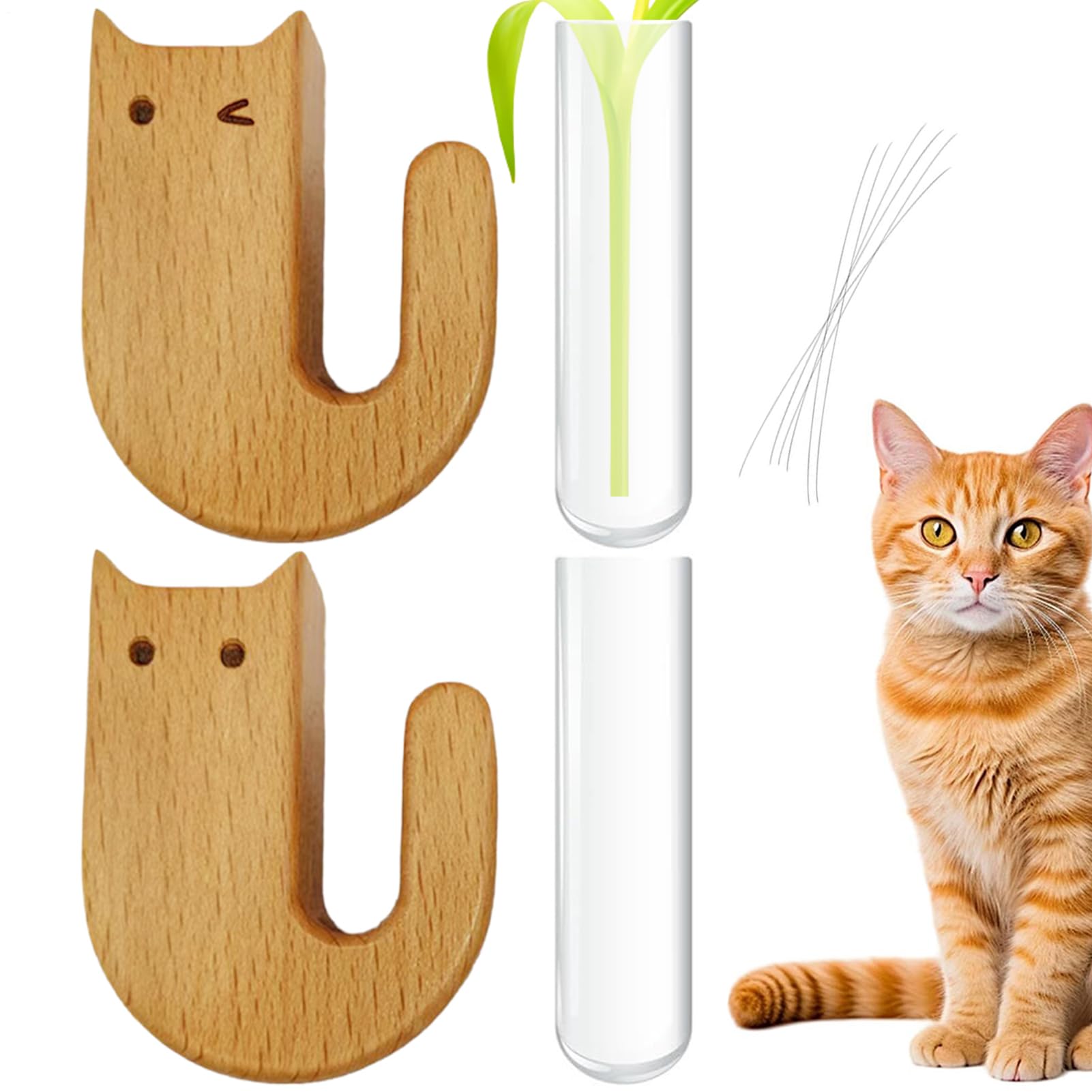 Décoration en bois magnétique chat et son vase floral, idée cadeau idéale