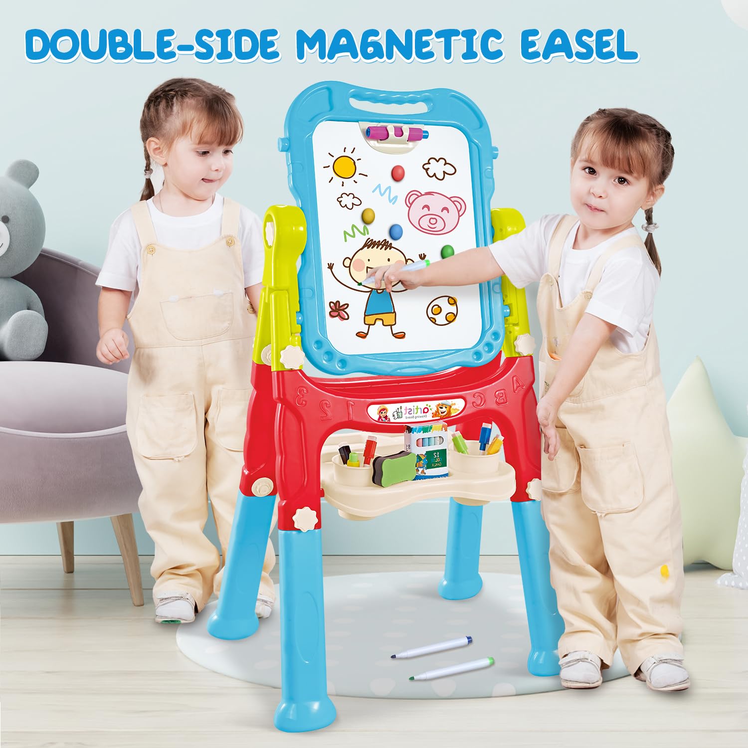 Caballete artístico para niños, pizarra magnética de doble cara y pizarra con accesorios de pintura, caballete giratorio, regalo para niños y niñas