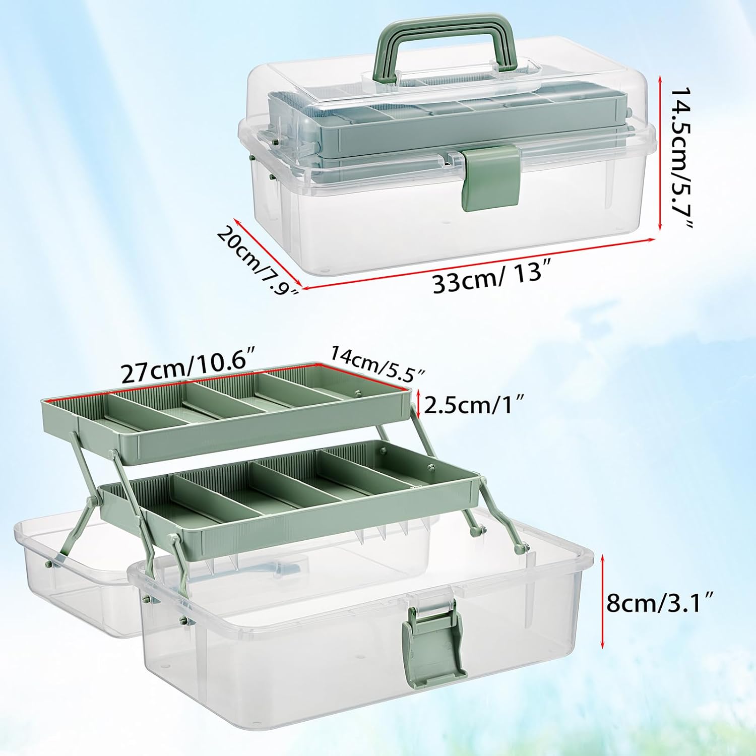 BTSKY 3-Layer Clear Plastic Dividing Storage Box Craft Organizer and Storage with Adjustable Spacers Portable Handled Art Supply Organizer Multipurpose Home Utility Box Sewing Organizers (Haze Green) - Image 5