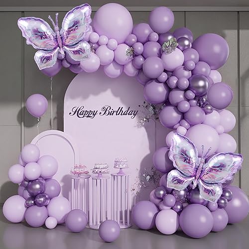 MOMOSHERO Kit de guirnalda de arco de globos de mariposa, globos de color morado metálico pastel claro con mariposa de aluminio lila lavanda para
