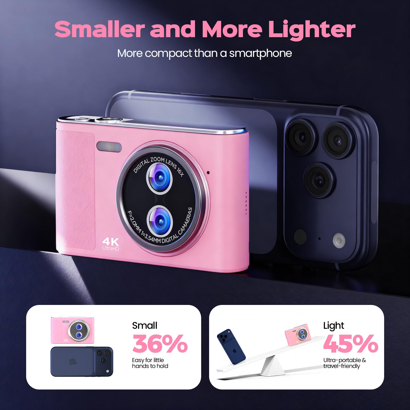 Digitalkamera Kinder 4K 48MP 2,8 Zoll Anti-Shake 16X Zoom Vlogging Kamera Rosa