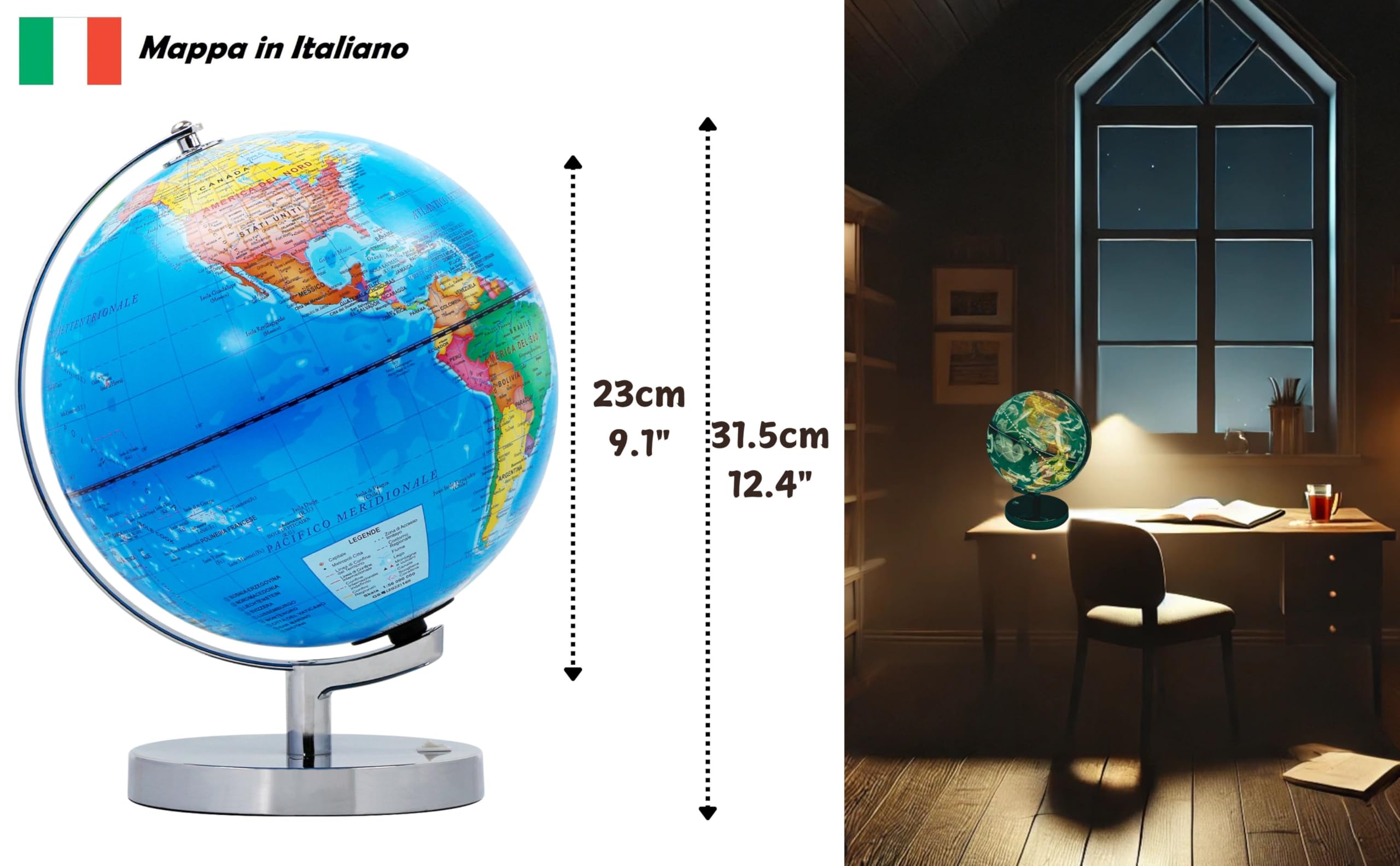 Exerz Mappamondo Illuminato 23cm Mappa Italiana Supporto Metallo LED | Modalità giorno notte con costellazioni senza fili per studio cameretta ufficio bambini dagli 8 anni e regali