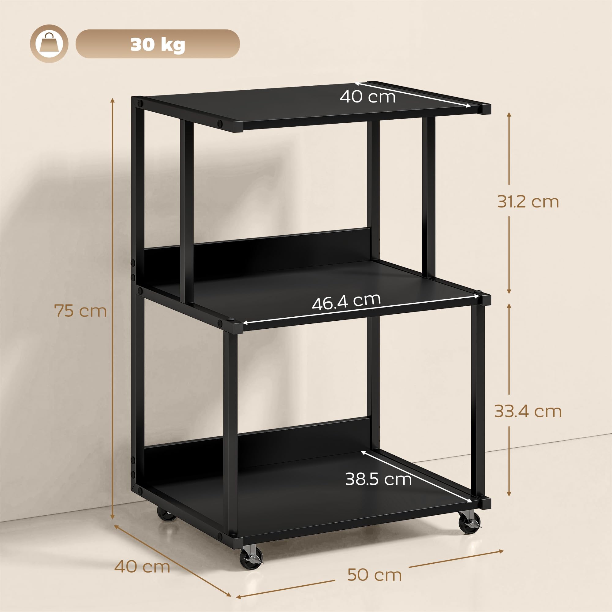 HOMCOM Carrello Porta Stampante a 3 Livelli, Supporto Stampante con Ruote con Freno, Salvaspazio in Metallo e Legno, per Casa, Studio, Ufficio, Industriale, 50x40x75cm, Nero