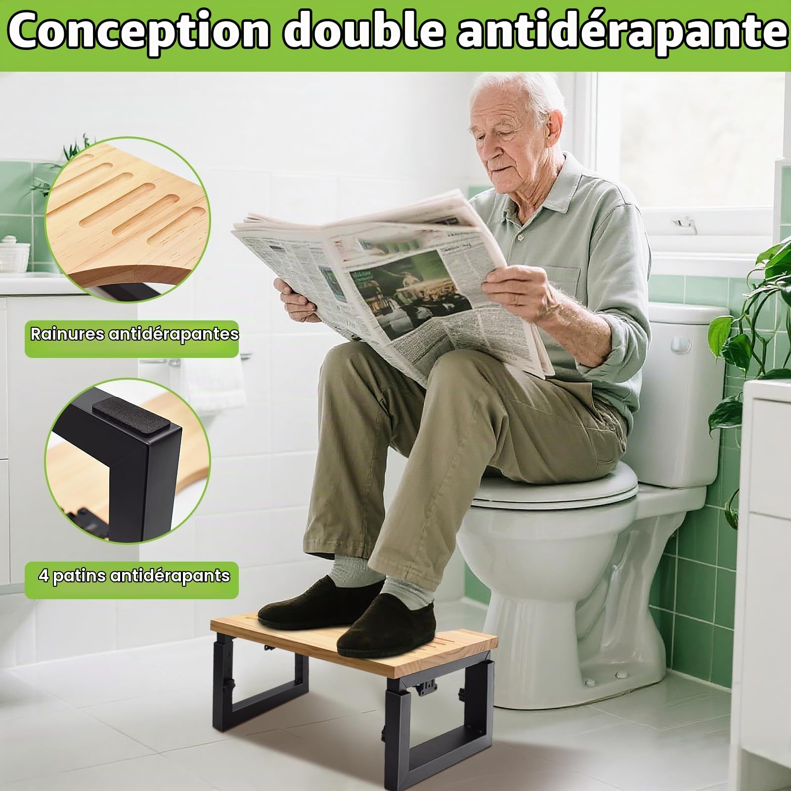 Tabouret Toilette Pliable en Bois, Marche Pied WC à Hauteur Réglable avec Coussinets Antidérapants, Repose Pied Salle Bain pour Adultes Enfant