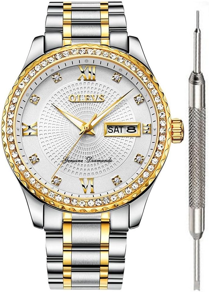 OLEVS Mens Diamond Watches White Gold Luxury Watches for Men Waterproof with Calendar Quartz Watch for Birthday Party Christmas for Men