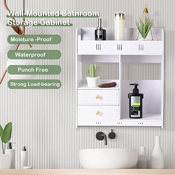 Bathroom Wall Cabinet Bathroom Cabinet Wall Mounted wih 2 Door & 3 Drawe, Over The Toilet Storage White Wall Mounted Medicine Cabinets for Bathroom Laundry Room Kitchen White