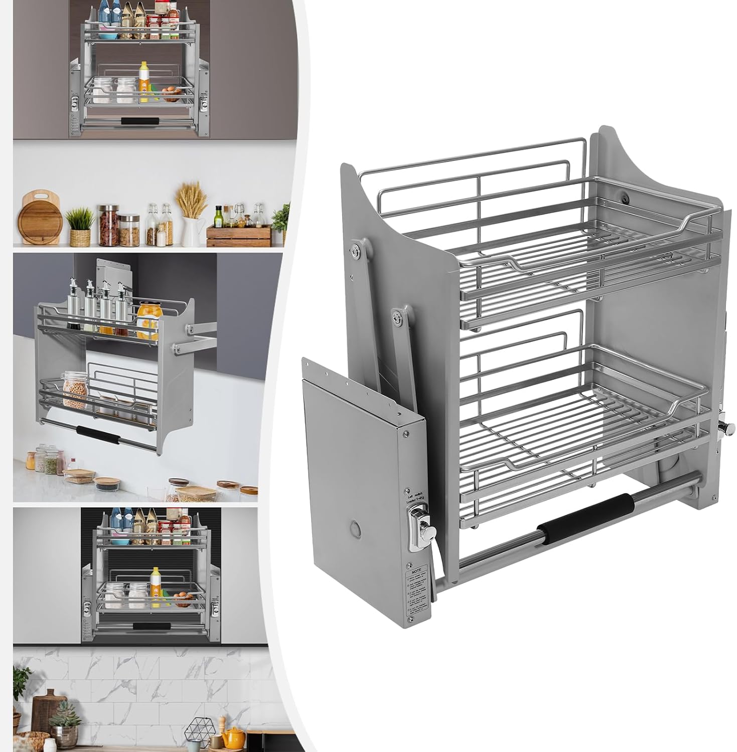 Pull Down Shelf Kitchen Cabinet Storage, 2 Tier Pull-Out Heavy Duty Shelf Organizer, Stainless Steel Cabinet Storage Shelves for Kitchen