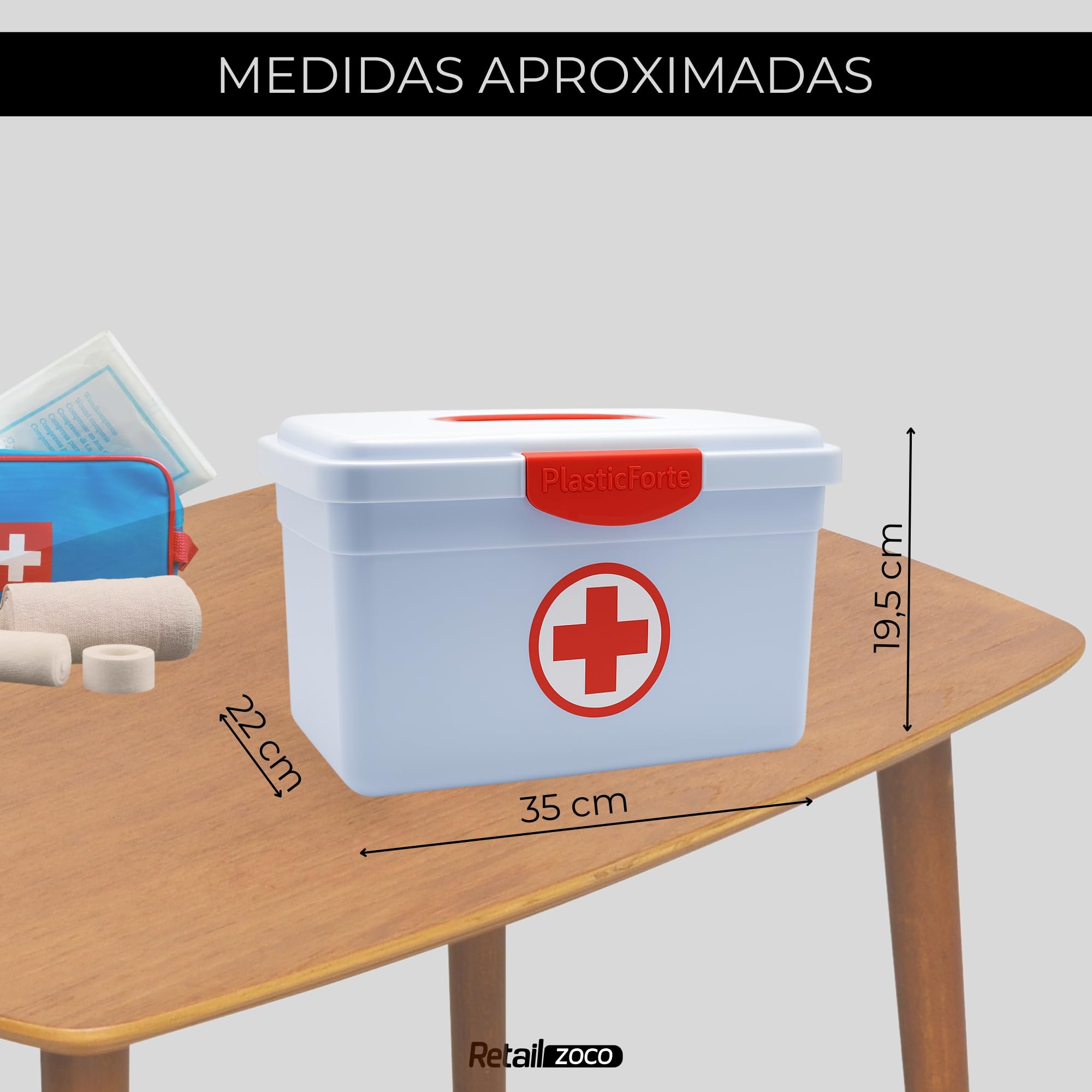 TECHZOCO Caja Medicamentos para Botiquín de Primeros Auxilios y Medicinas, Caja botiquín con tapa y asas, Porta medicinas, Botiquin farmacia, 35.5 cm largo x 21 cm alto x 23 cm fondo, 8 Litros