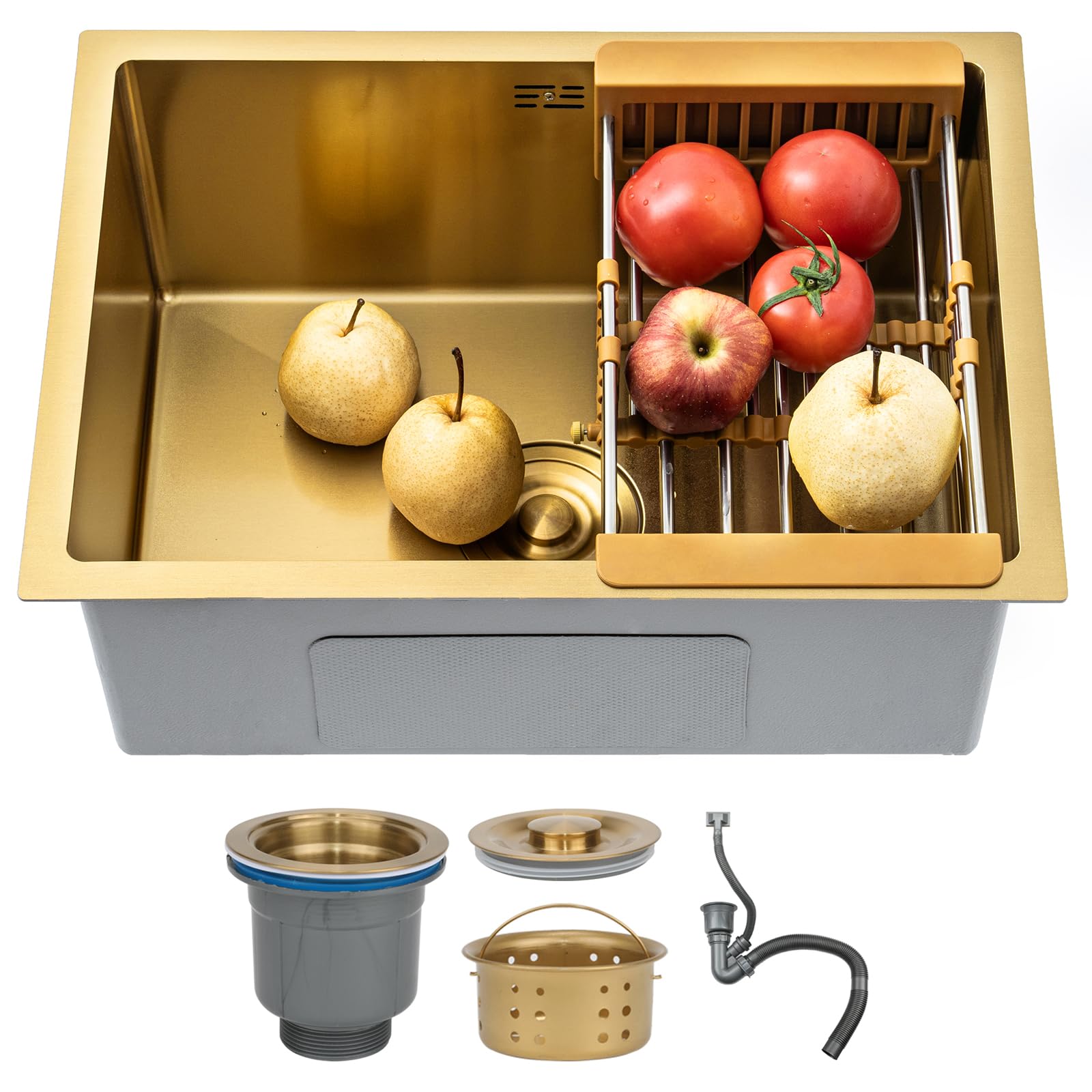DSMRLEOP Gold Stainless Steel Kitchen Sink, 75x45cm Top Mounted Single Bowl Sink, Square Multiple Sizes Handmade Bar/Prep Sink, Nano Sink with Drain Kit, Easy-Clean(Gold#01,75x45cm)