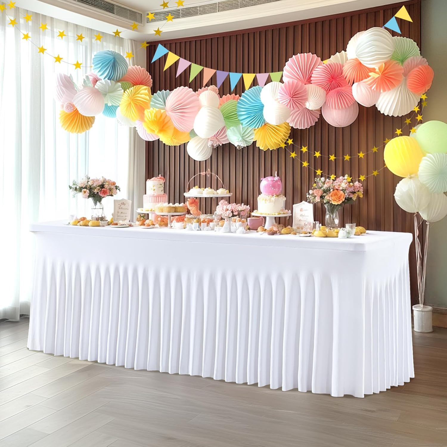 2-Pack Weiß Spandex Elastisch Tischdecke mit Rock, Faltenfreie Fitted 1.8m Rechteck Tische Weißer Stretch Tischdecken für Parteien Hochzeiten Geburtstag Bankett Baby Dusche