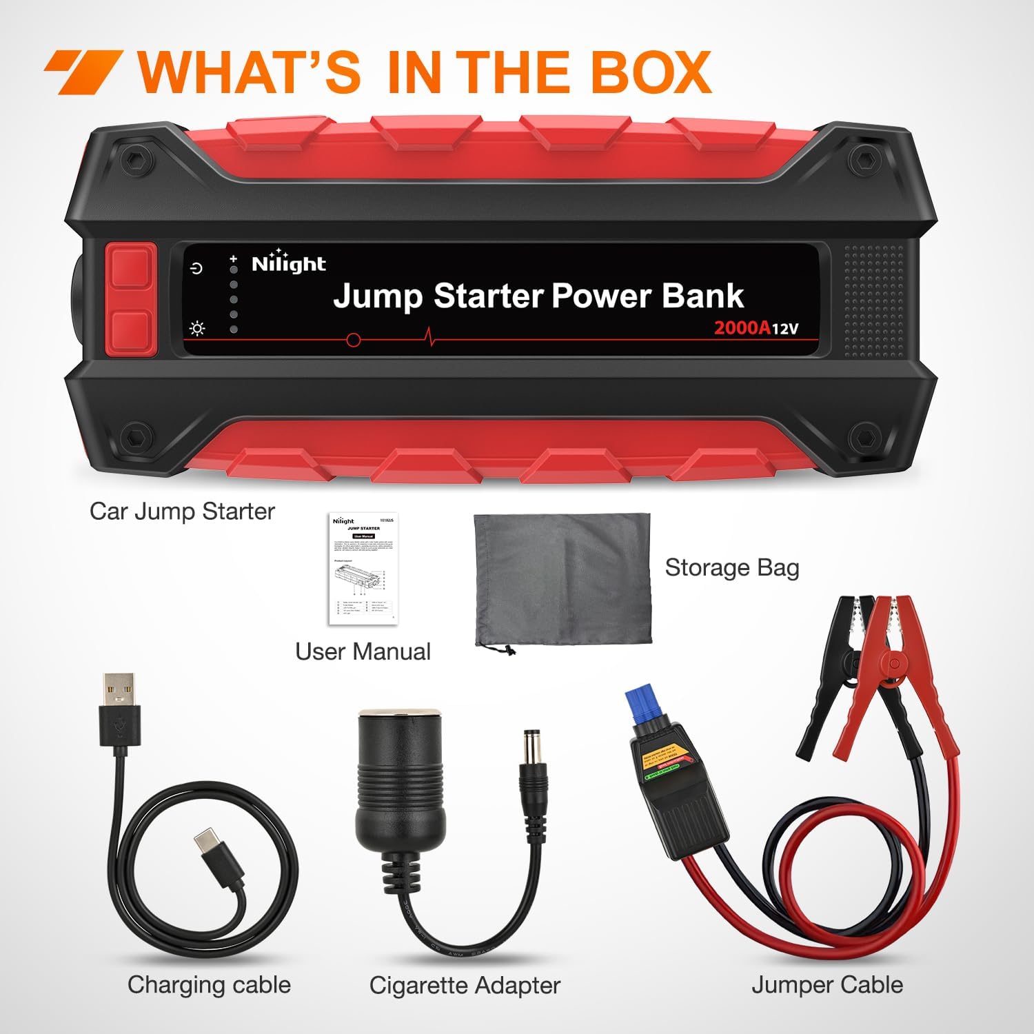 Nilight 2000A Car Battery Jump Starter for Up to 8.0L Gas & 7.0L Diesel Engines 12V Portable Jump Start Booster Pack Jump Box with Jumper Cables DC Output and LED Light