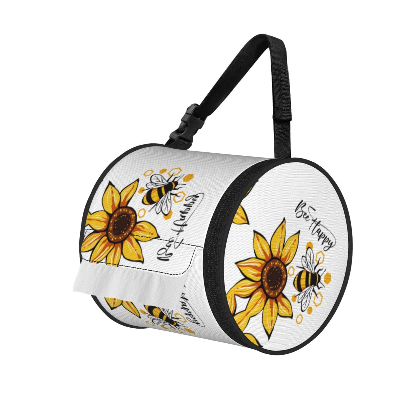 Sunflower And Bee Print Round Tissue Dispenser Bag With Carry Strap, Portable Roll Holder For Car Travel Home