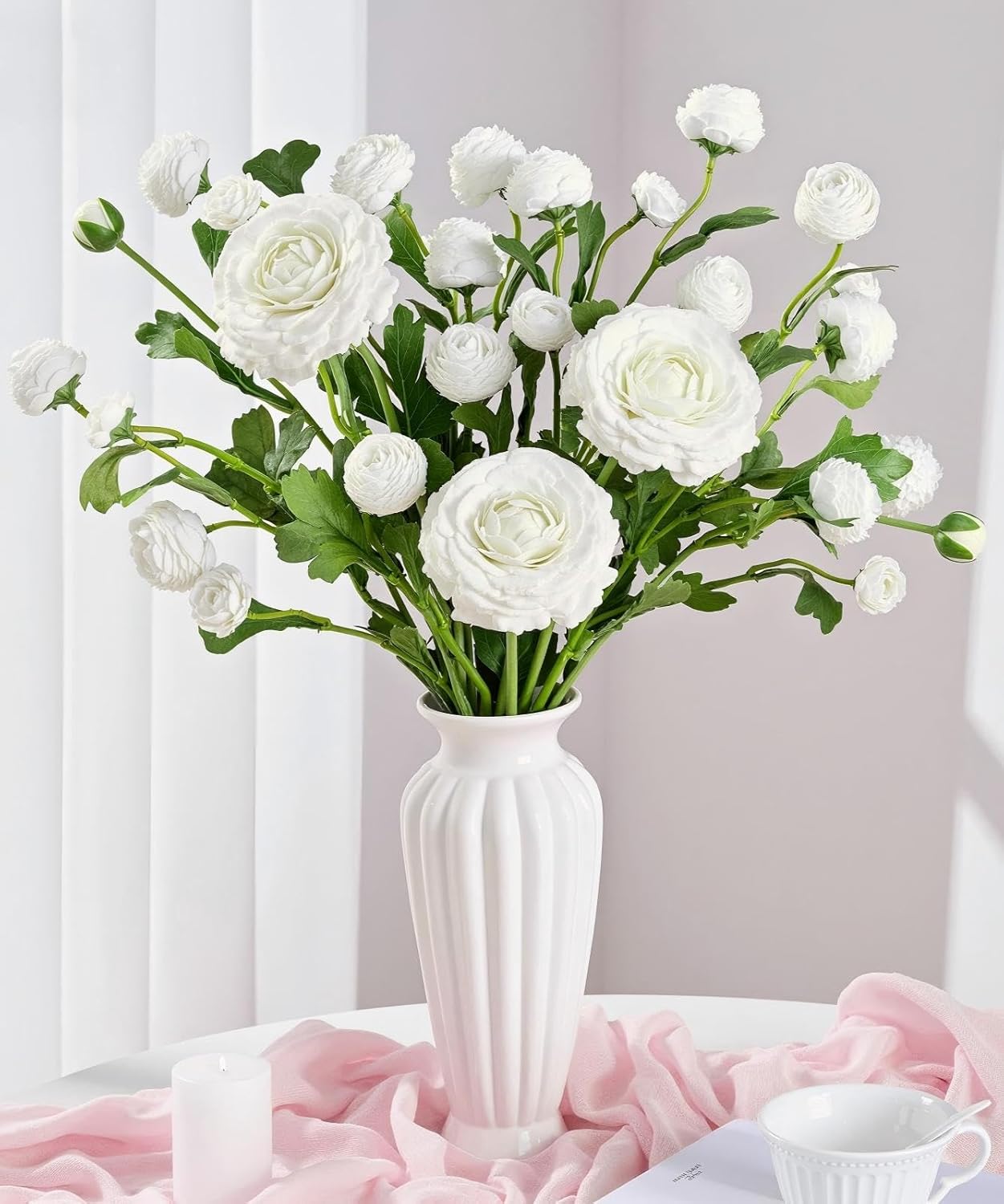 Dolicer Real Touch Ranunculus Artificial Flowers, 12Pcs 18 Inch Fake Peonies Artificial Flowers, White Faux Flower for Vase Faux Peony Bulk for Home Table Wedding Bridal Bouquet Decor