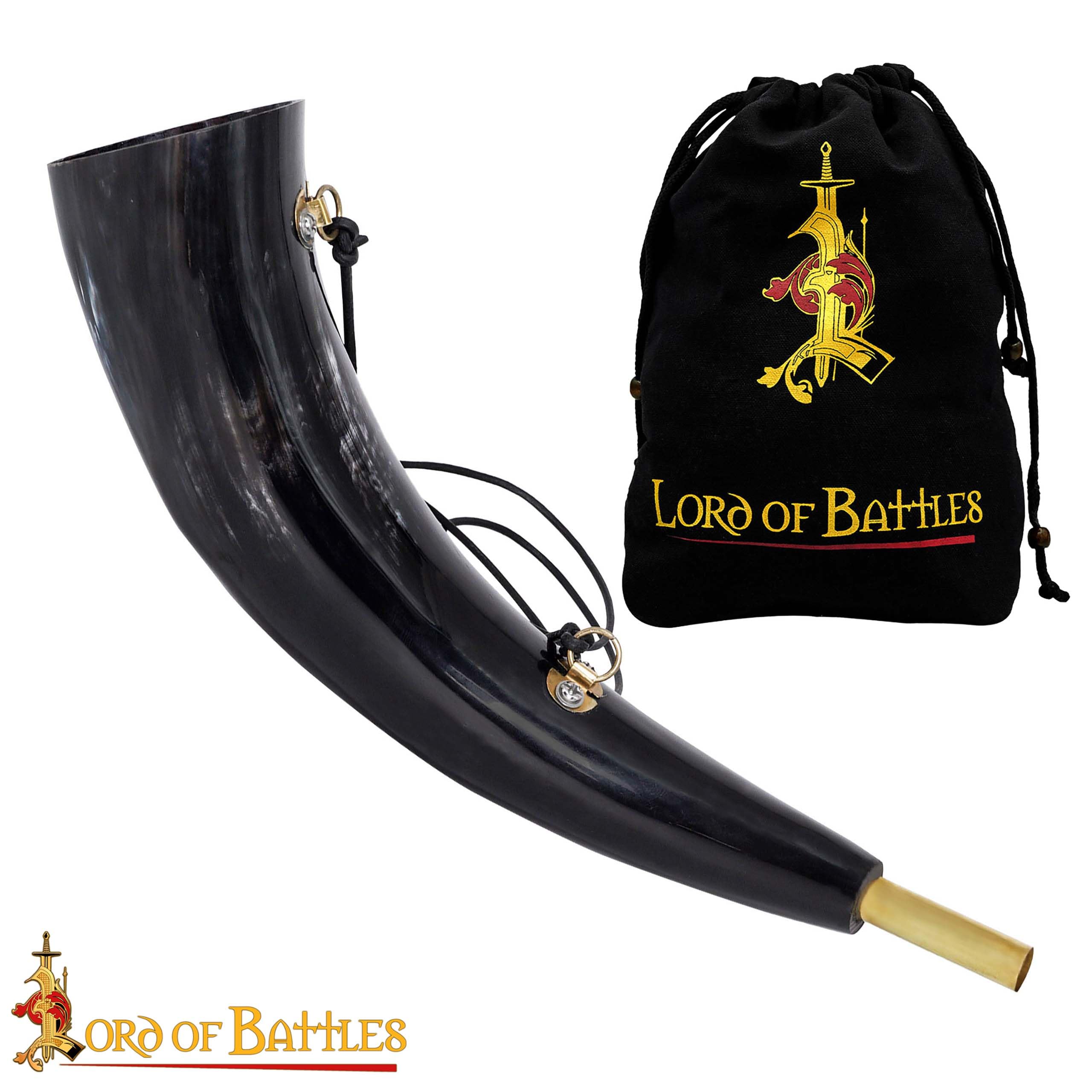 Lord of Battles Wikinger Bigul Horn mit schwarzer Lederschnur aus OX Authentic
