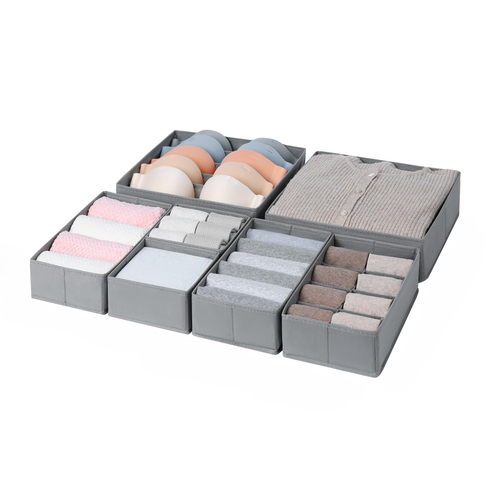 Dimj Slate Grey 7 Pack Dresser Drawer Organisers Foldable Box Fabric Wardrobe Drawer Dividers Storage Cubes For Bras, Socks, Underwear, Ties, Scarves, Cosmetics (Grey)