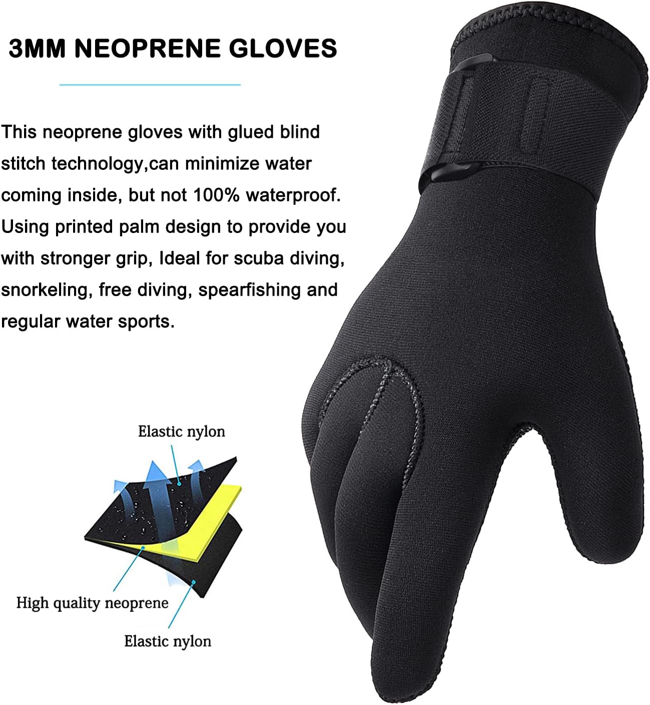 Scuba Diving Gloves 3mm Neoprene Five Finger Thermal Wetsuit Gloves with Elastic Wrist Band Anti Slip Warm Water Dive Men Women Snorkeling Swimming Surfing Sailing Kayaking