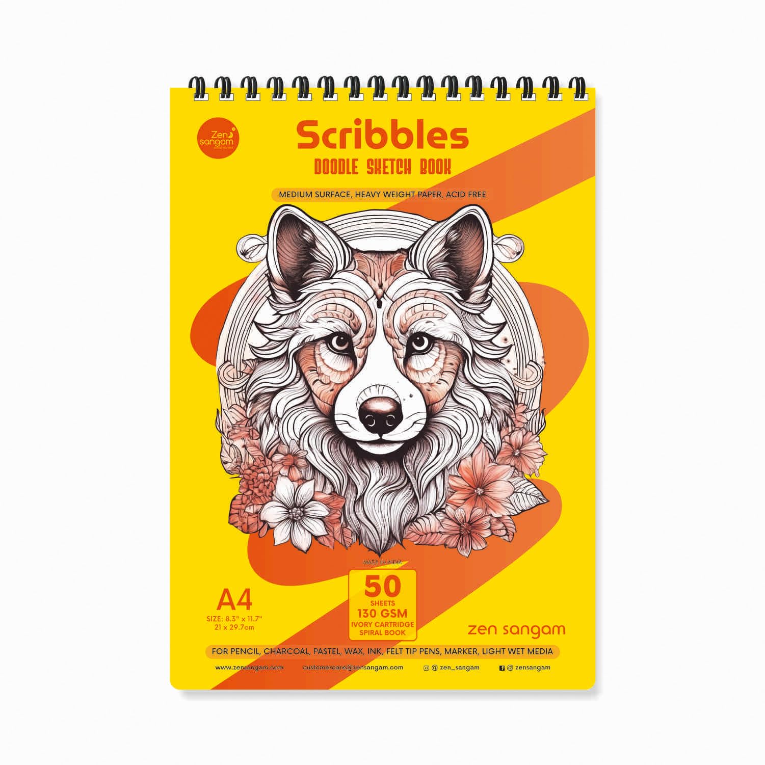 Zen Sangam Scribbles A4 Sketchbook | 50 Sheets 130GSM Acid-Free Paper | Top Spiral-Bound | for Artists, Kids & Professionals | Ideal for Markers, Colored Pencils, Charcoal, Pastels | Yellow