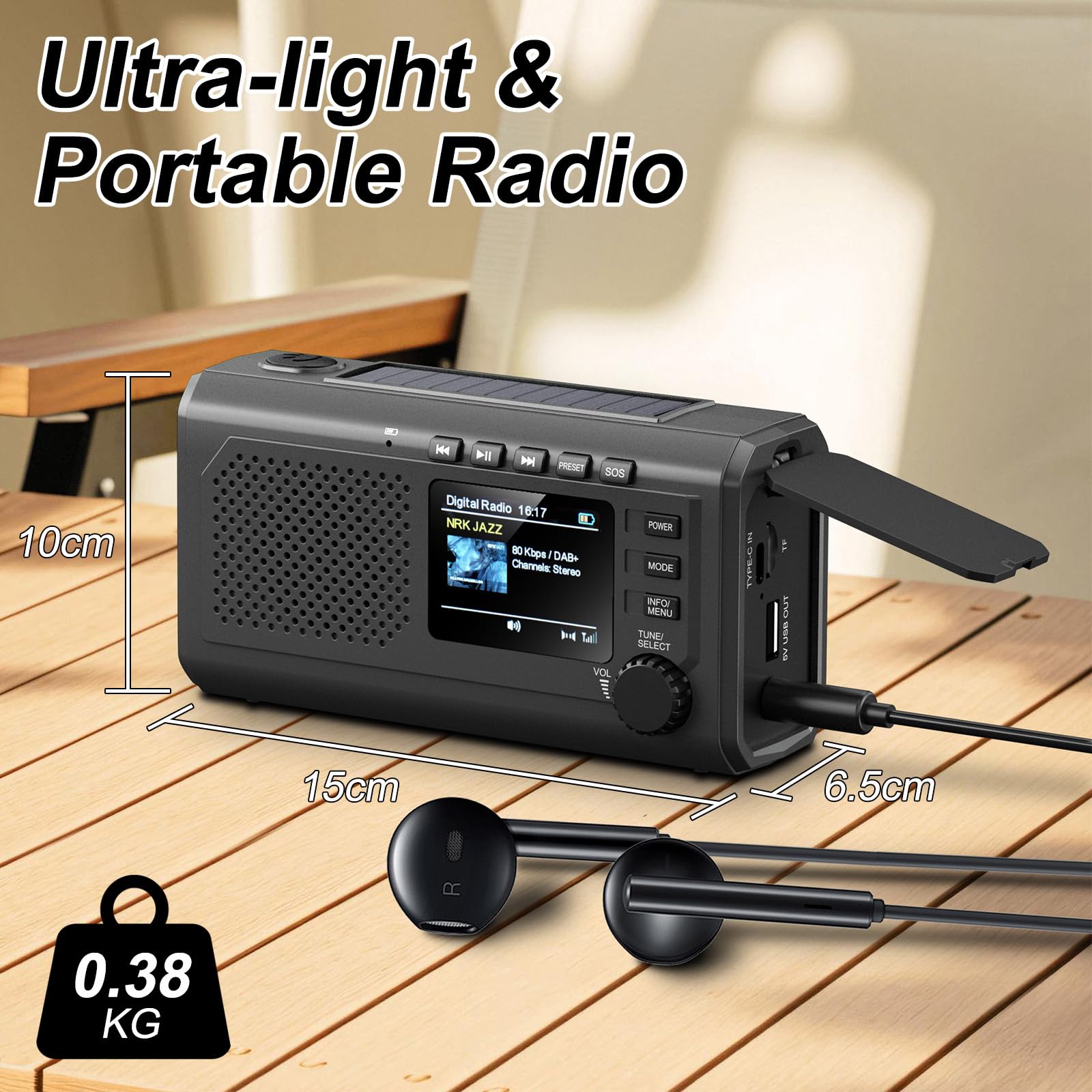 Radio di emergenza DAB+/FM con manovella, ricarica solare e USB, Bluetooth 5.3, radio a manovella con batteria da 2000 mAh, power bank, allarme SOS, lampada da lettura, sveglia, scheda TF per esterni