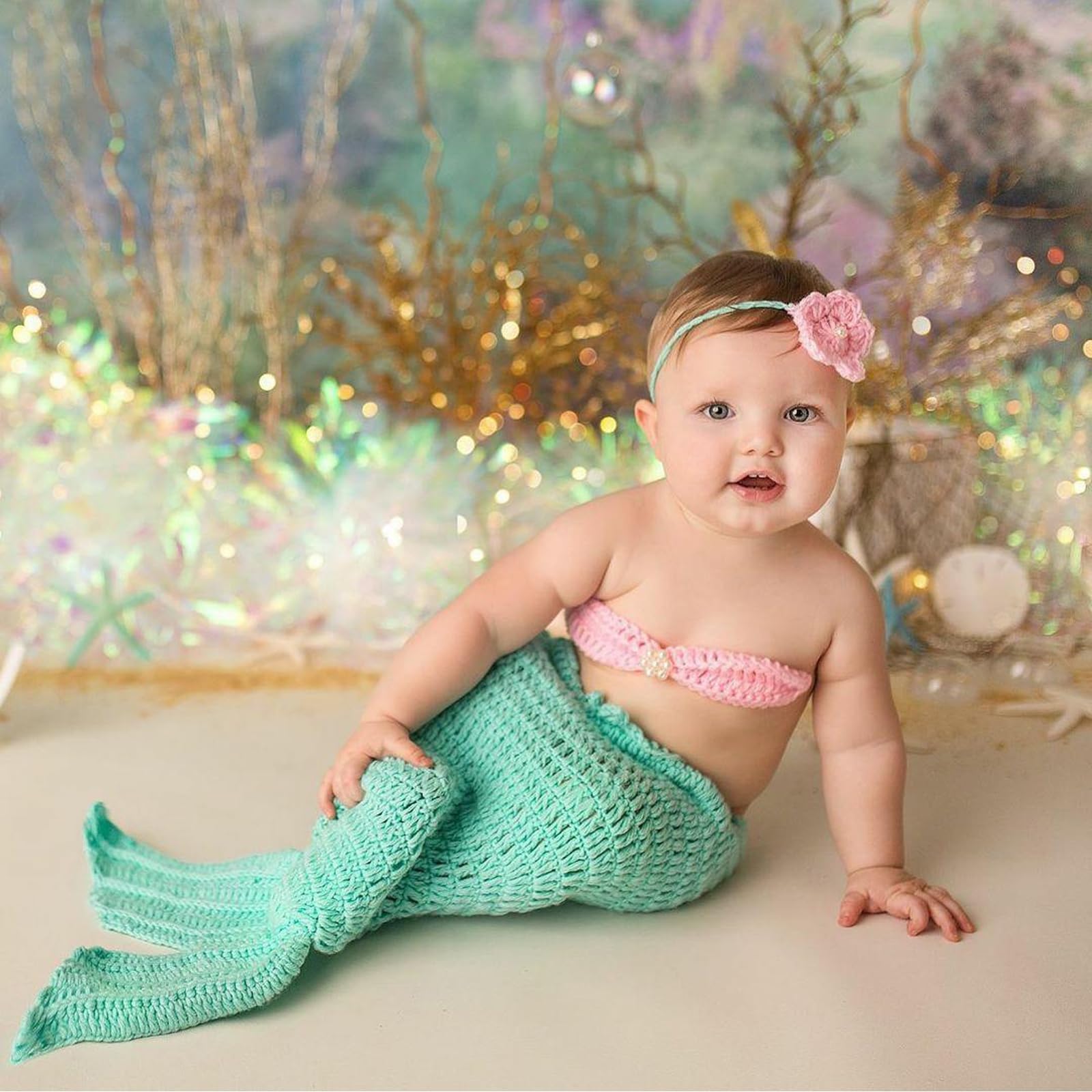 Lot de 3 Nouveau-Né Photographie Prop - Tenue de Sirène, Fait à la Main Crochet, Costume de Sirène Bandeau, pour Fille Prop Vêtements