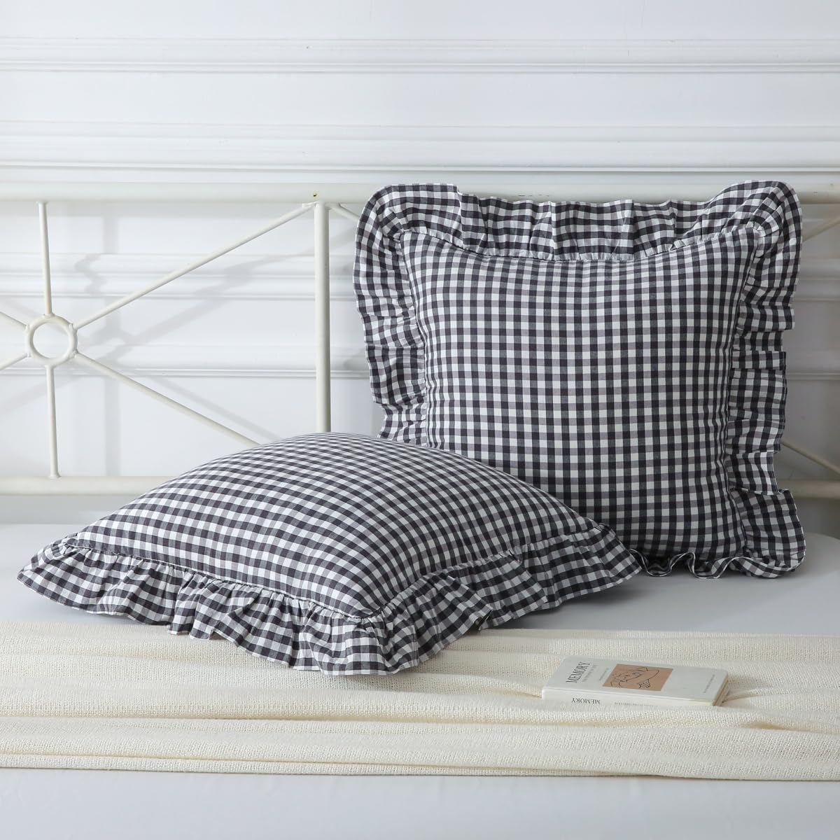 Mywinlle Black/White Plaid Ruffle Throw Pillow Covers Set of 2,Checkered Washed Cotton Gingham Decorative Pillow Shams Farmhouse Pillowcases 20"x20"