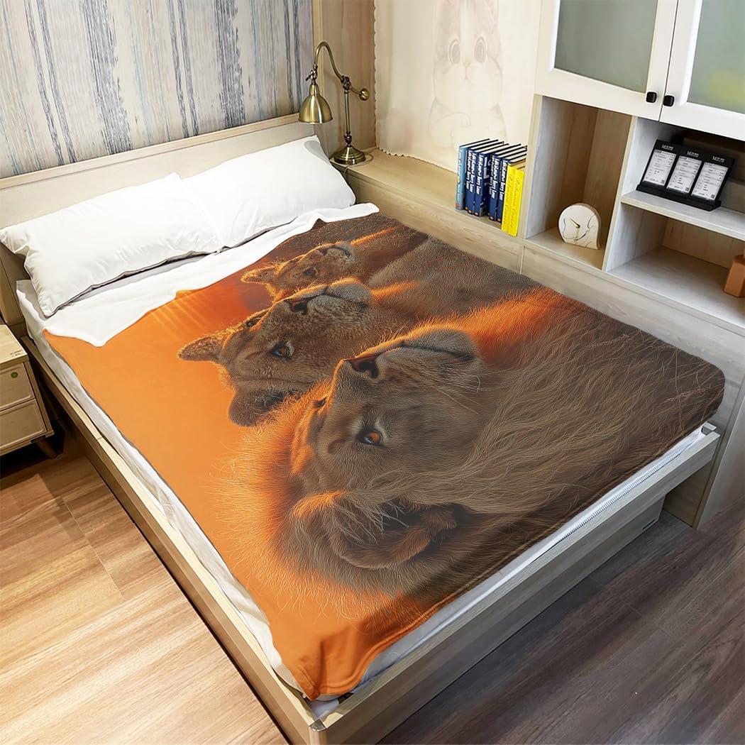 60"x80" Sunset Lion Family Blanket, Soft Cozy Fleece for Couch Sofa Bed