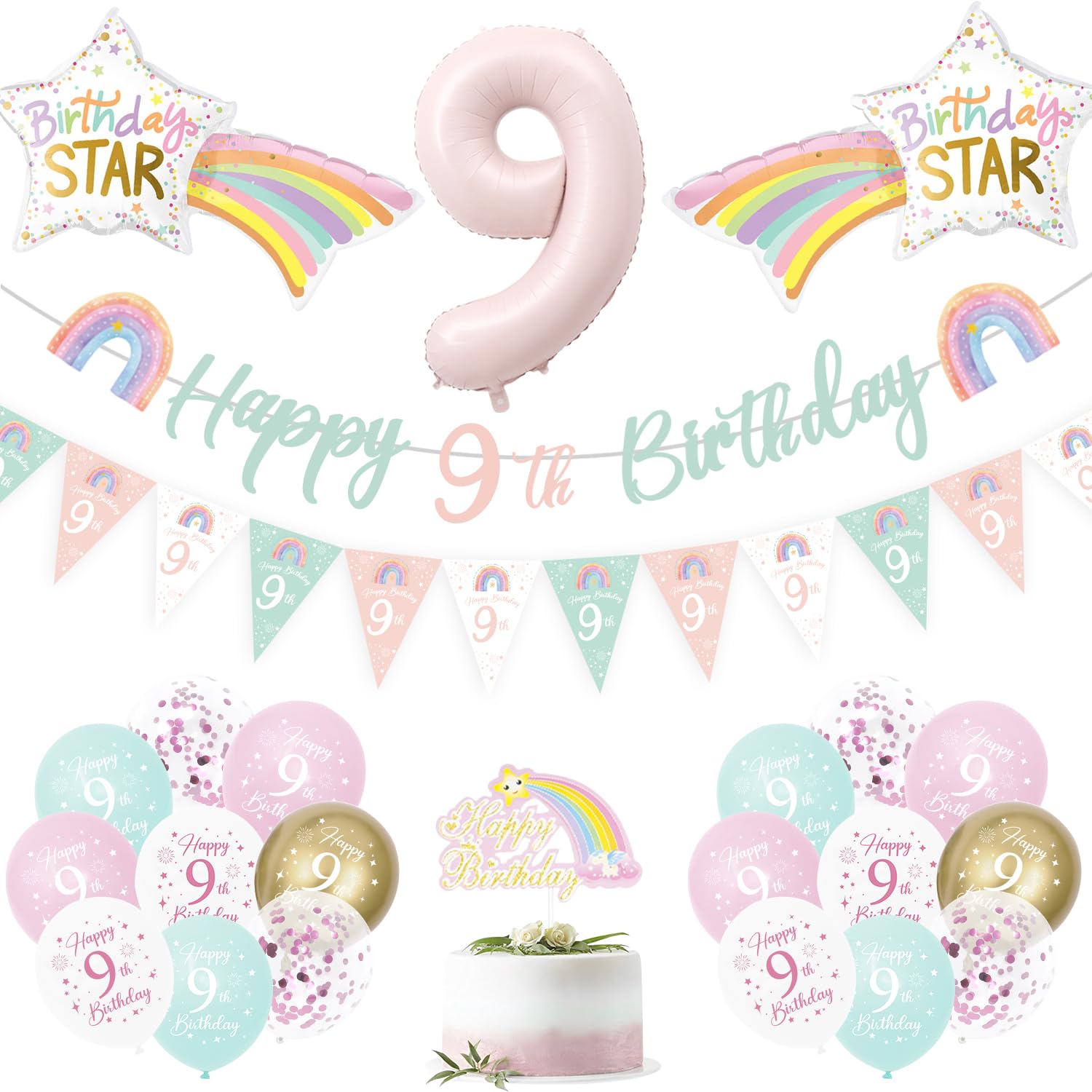9th Birthday Decorations Girls, 9th Birthday Balloons For Girls, Green/Pink Decorations Set With Rainbow Balloons, Banner, Foil Number 9 Balloon