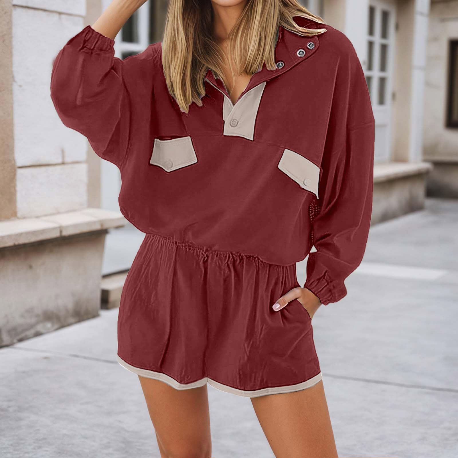 Generisch 2026 Ensemble de shorts d'entraînement pour femme, pull à manches longues avec demi-boutons, short taille élastique, ensemble décontracté 2 pièces avec poches