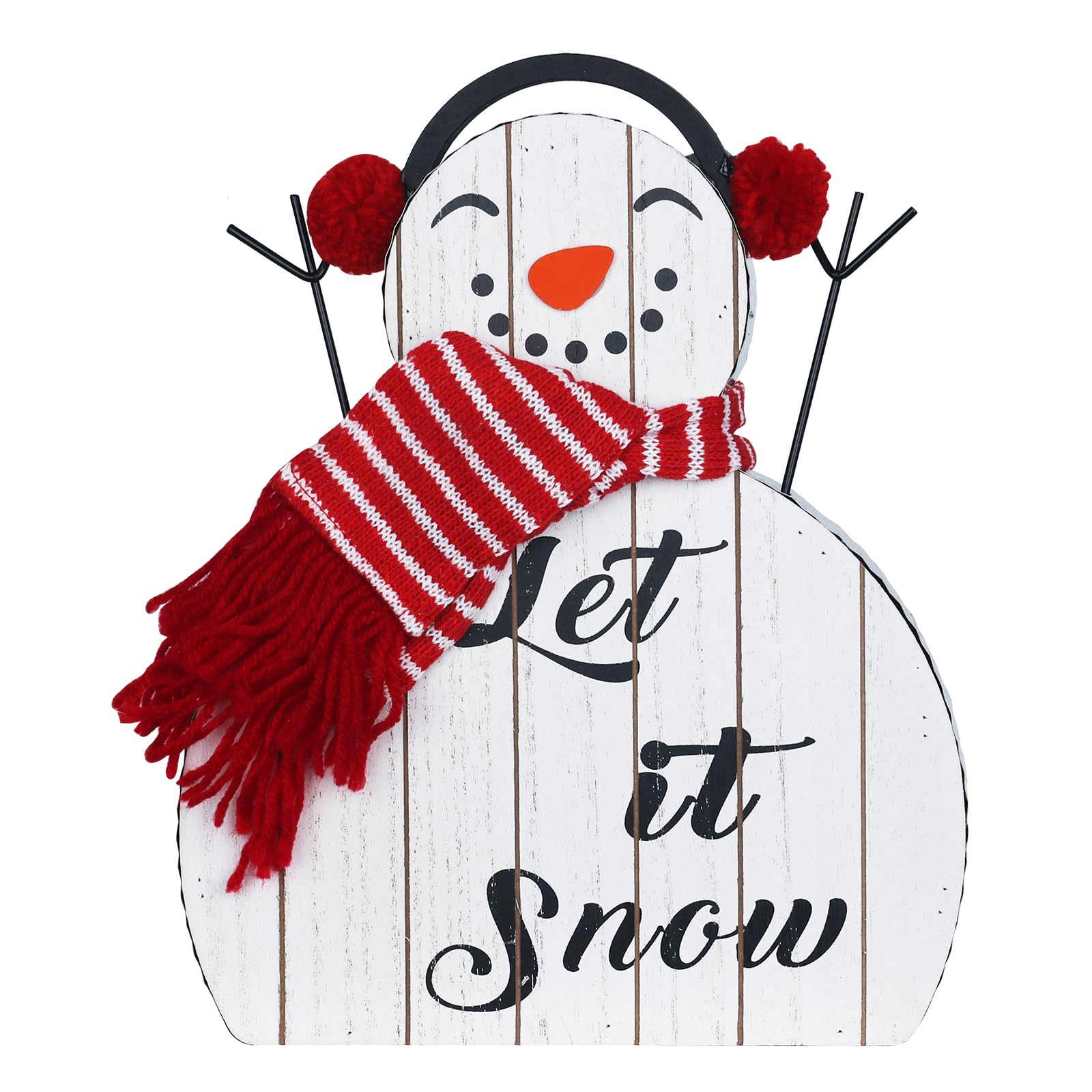 Christmas Decorations Indoor, DECSPAS Large Size Wood Smiling Snowman Block Christmas Decor, Earmuffs Red Scarf Ornaments Metal Hands Christmas Decorations Indoor Home Decor for Mantel, Tabletop