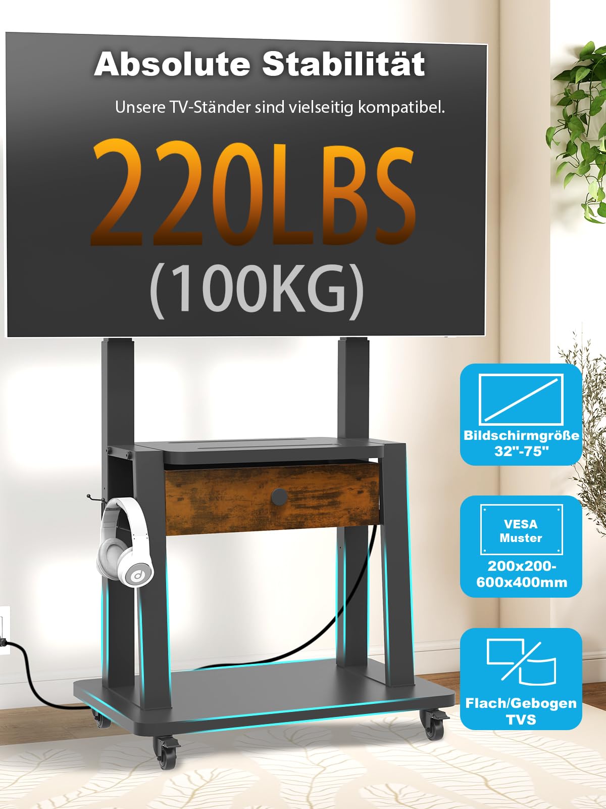 Rollbarer TV-Ständer mit Steckdose und Stoffschublade für 32"-75" Flach/Curved Bildschirme bis 100 kg. Mobiler TV-Wagen für LCD/LED/OLED-Fernseher mit Rollen für Homeoffice. Max. VESA 600 x 400 mm