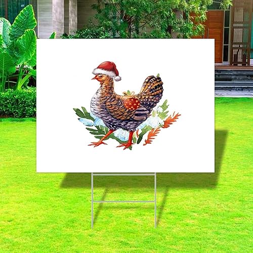 Yard Signs Christmas Santa Farm Chicken Rooster Custom Yard Signs with Stakes Chicken Wearing Christmas Hat Farm Animal Lovers Outdoor Lawn Sign