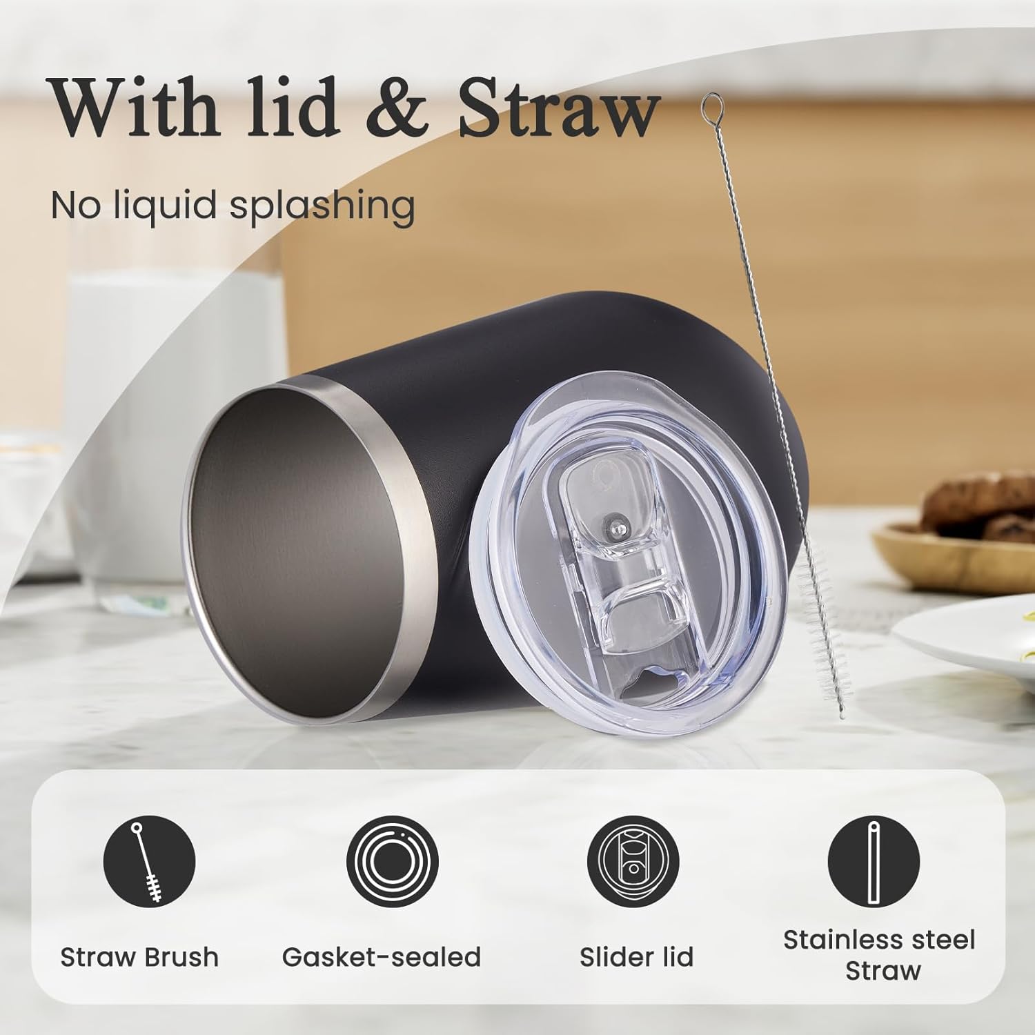 MEWAY 12oz Wine Tumbler Glasses with Lid and Straw - Stemless Double Wall Vacuum Stainless Steel Tumbler Keeping Cold & Hot for Wine,Drinks - Family and Gifts, Ideal for Travel and Office(Black,1) - Image 3