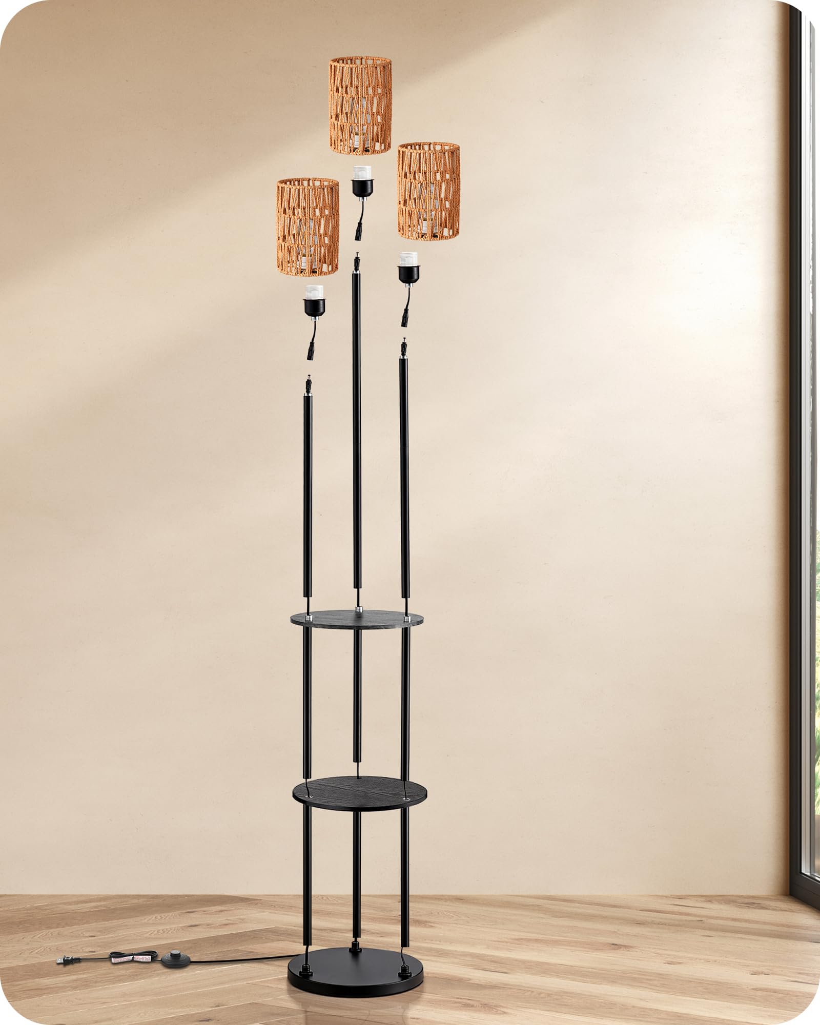 EDISHINE Lampada da Terra Boho Vintage con Mensola e Ripiano Portaoggetti, Piantana 3 Luci E27 con Paralume in Rattan, Lampadine Incluse, Interruttore a Pedale, Lampada Salotto Moderna 178 cm