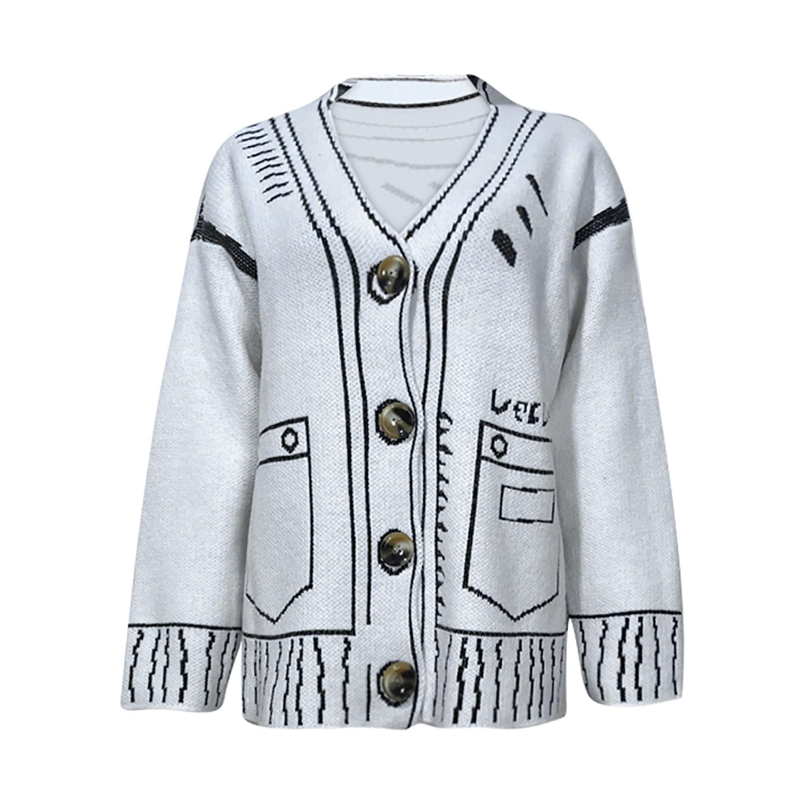 Graffiti Print Cardigan Sweaters Y2k Fake Pocket Color Block Knitted Sweaters Coat Button Up Open Front Harajuku Top