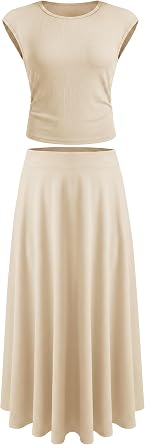 VOBCTY Women Skirt Set 2 Piece Ruched Top and Flowy A Line Maxi Skirt