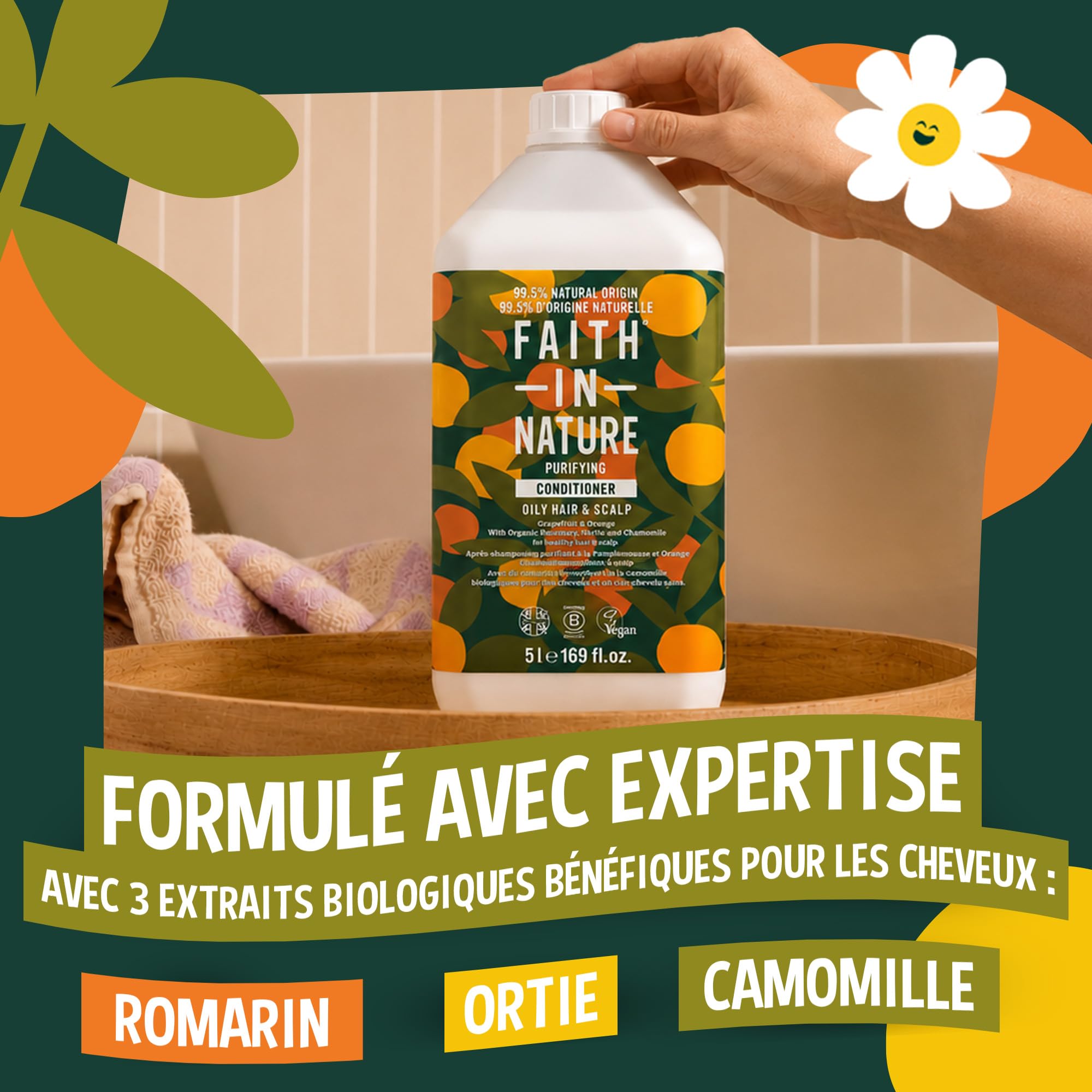 Faith In Nature Après-Shampooing Naturel au Pamplemousse et à l’Orange, Purifiant pour Cheveux et Cuir Chevelu Gras, Végan et Non Testé sur les Animaux, Sans SLS, Silicones ni Parabènes, Recharge 5 L