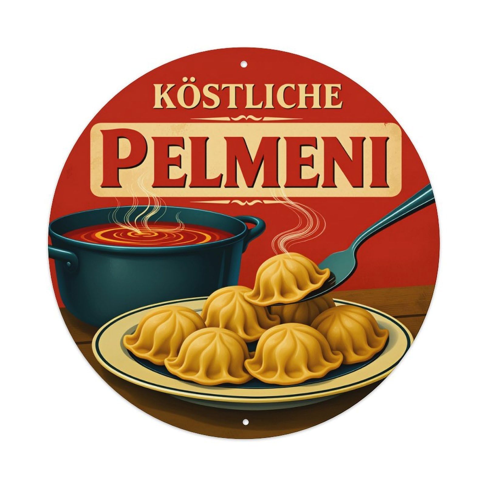 Pelmeni Pot Plate Spoon Steam Round Tin Sign Vintage Metal Poster Retro Bar, Home, Man Cave, Kitchen, Laundry Room Wall Art Decor Gift 8x8Inch